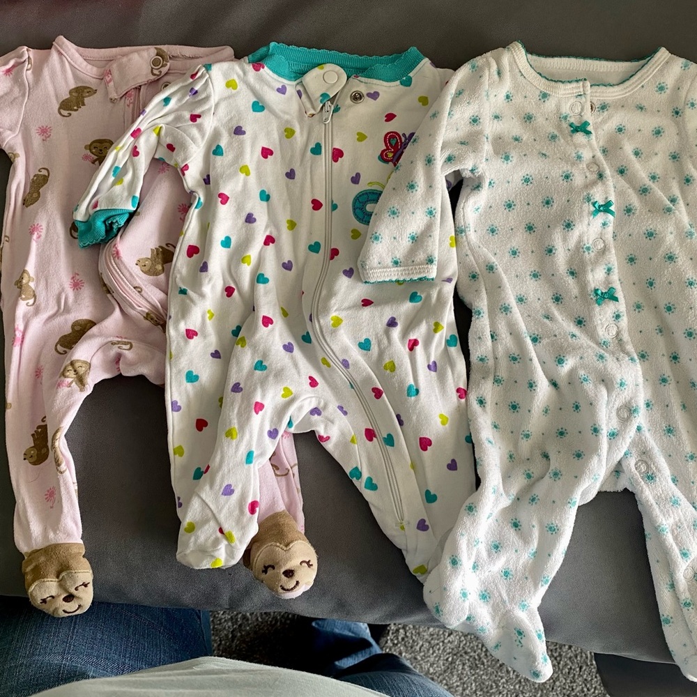 Lot of three newborn girls sleepers pajamas sleep and play